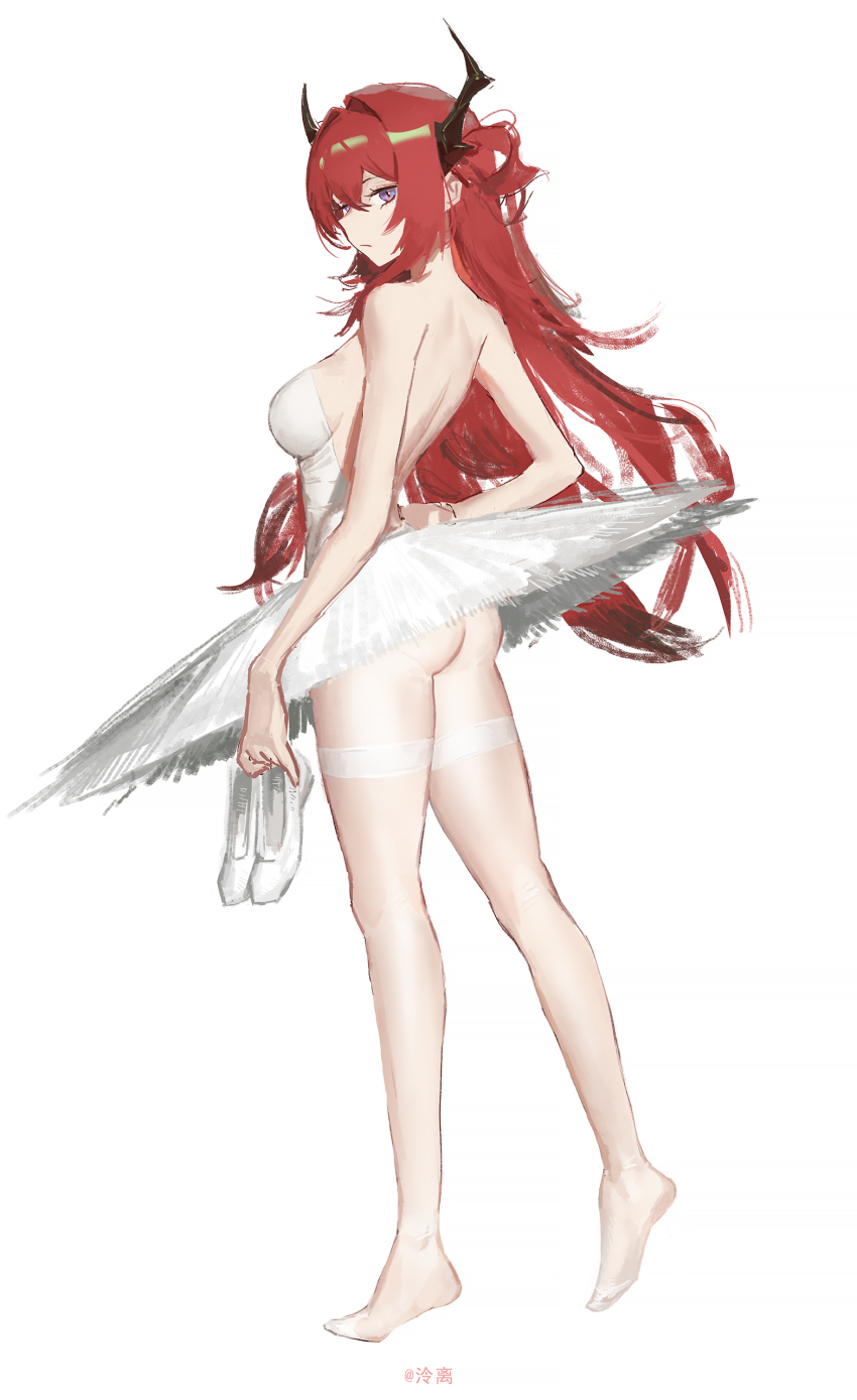 1girl absurdres alternate_costume arknights ass backless_dress backless_outfit ballerina ballet_slippers bare_arms bare_back bare_shoulders barefoot breasts closed_mouth dress feet from_side full_body hair_intakes hand_on_own_hip highres holding holding_footwear holding_shoes holding_unworn_clothes horns leotard leotard_peek lingear looking_at_viewer looking_back medium_breasts no_panties pantyhose purple_eyes red_hair shoes sideboob simple_background soles standing strapless strapless_dress surtr_(arknights) thighhighs tutu unworn_shoes white_background white_dress white_pantyhose white_shoes