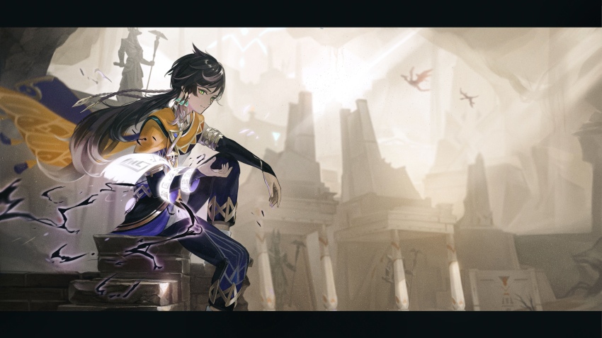 1boy absurdres ancient_egyptian_architecture anna_(drw01) architecture armlet bird black_gloves black_pants blurry blurry_background braid brown_hair cape cave_interior closed_mouth commentary_request dark-skinned_male dark_skin elbow_gloves electricity energy fingerless_gloves floating_hair flying genshin_impact gloves gold_trim green_eyes hand_up highres jewelry knee_up light_rays long_hair looking_at_viewer looking_to_the_side low_ponytail male_focus multicolored_hair orange_cape outdoors pants pillar ponytail ribbon sethos_(genshin_impact) shirt sitting smile solo split_mouth statue streaked_hair sunlight swept_bangs tassel temple white_ribbon white_shirt