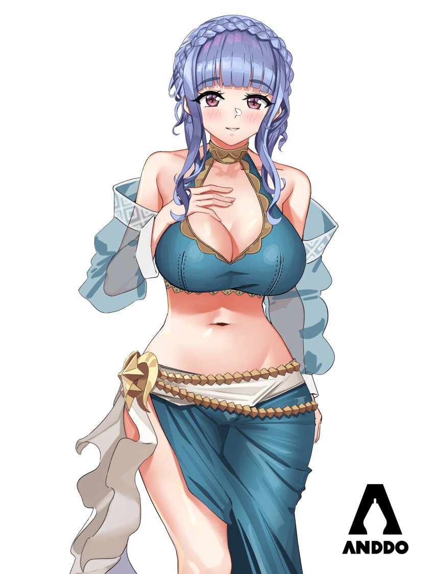 1girl absurdres bikini blue_bikini blue_hair blue_sarong blush braid breasts brown_eyes cleavage crown_braid fire_emblem fire_emblem:_three_houses fire_emblem_heroes highres i_am_anddo jewelry large_breasts long_hair looking_at_viewer marianne_von_edmund marianne_von_edmund_(summer) navel nintendo official_alternate_costume open_mouth sarong see-through_clothes see-through_sleeves simple_background smile swimsuit white_background wide_hips