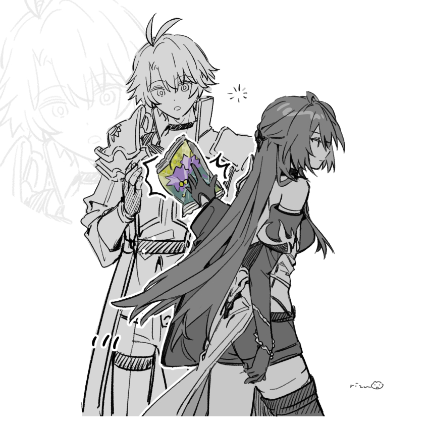 1boy 1girl acheron_(honkai:_star_rail) armor bare_shoulders breasts choker confused elbow_gloves gloves greyscale hair_ornament highres honkai:_star_rail honkai_(series) loading_icon long_hair medium_breasts monochrome pants phainon_(honkai:_star_rail) rizu033 short_hair shorts signature spot_color thighs trick_snack_(honkai:_star_rail) zoom_layer