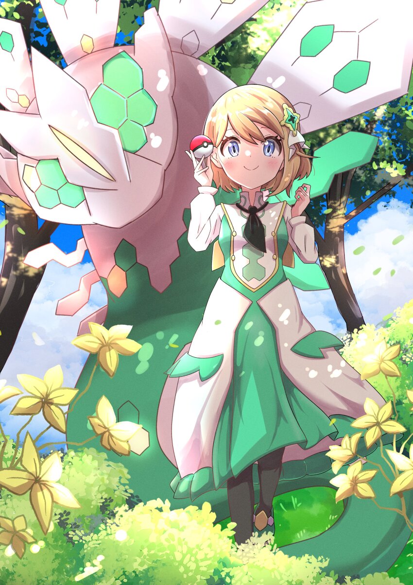 absurdres alternate_color ascot blonde_hair buttons closed_mouth dress eyelashes gen_6_pokemon green_dress green_eyes grey_eyes hair_ornament hair_ribbon highres holding holding_poke_ball legendary_pokemon long_sleeves looking_at_viewer nintendo official_alternate_costume pantyhose poke_ball poke_ball_(basic) pokemon pokemon_(creature) pokemon_masters_ex ribbon rono_(lethys) serena_(pokemon) serena_(sygna_suit)_(pokemon) shiny_pokemon short_hair smile tree white_ascot white_pantyhose zygarde zygarde_(50)
