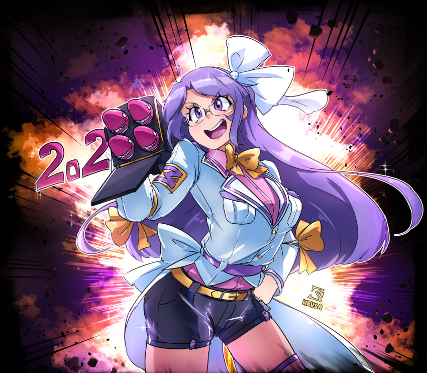 1girl 2024 adapted_costume asakura_rikako belt black_shorts bow bowtie breasts coat collared_shirt cowboy_shot david_hrusa explosion eyelashes floating_hair glasses hair_ribbon hand_on_own_hip highres holding holding_weapon lab_coat large_breasts long_hair long_sleeves mimi-chan open_mouth pink_shirt pink_thighhighs pocket purple_belt purple_eyes purple_hair purple_thighhighs ribbon rocket rocket_launcher round_eyewear rpg_(weapon) shirt shorts smile solo striped_clothes striped_thighhighs thighhighs touhou touhou_(pc-98) v-shaped_eyebrows very_long_hair waist_bow weapon white_bow white_coat white_ribbon yellow_belt yellow_bow yellow_bowtie yellow_ribbon