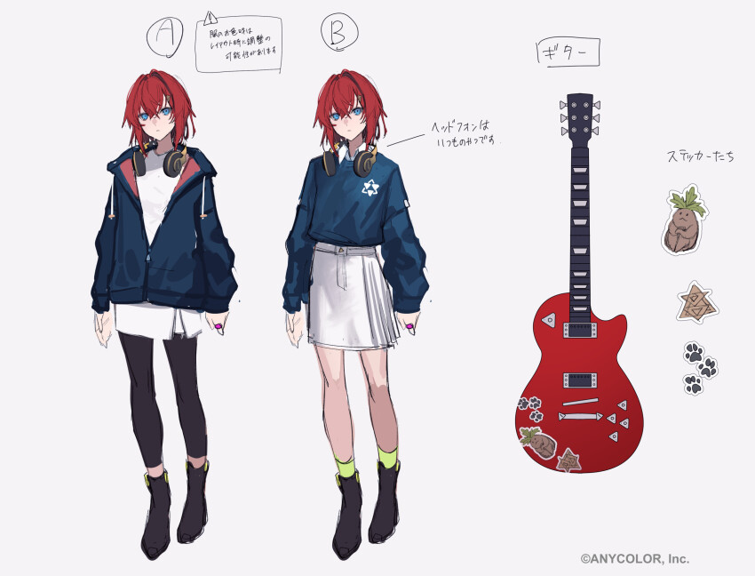 1girl ange_katrina ankle_boots black_boots black_leggings blue_eyes blue_jacket blue_sweater boots character_sticker copyright_notice crossed_bangs dress electric_guitar expressionless full_body green_socks grey_background guitar hair_between_eyes hair_intakes headphones headphones_around_neck highres instrument jacket jewelry kawaguchi_(mojacome) leggings looking_at_viewer mandragora_(ange_katrina) medium_hair miniskirt multiple_views nijisanji official_alternate_costume official_art paw_print pleated_skirt production_art prototype_design red_hair ring short_dress simple_background sketch skirt sleeves_past_wrists socks standing sticker sweater translation_request virtual_youtuber white_dress white_skirt
