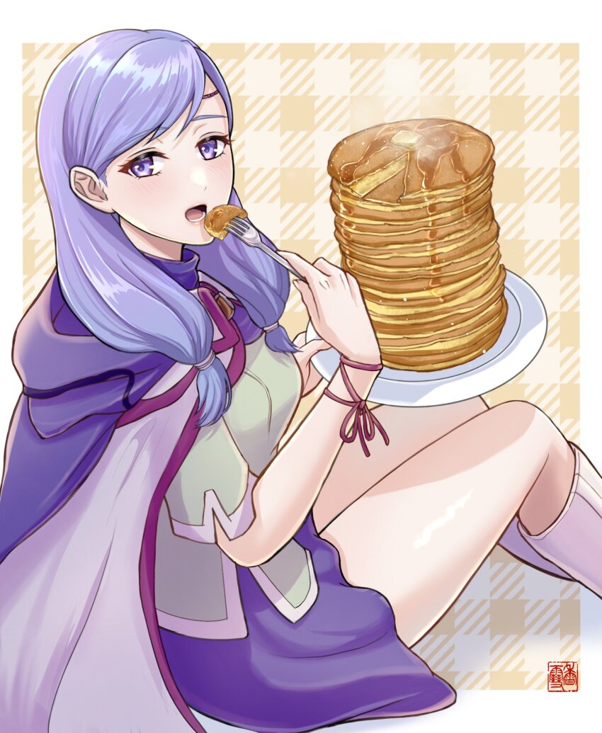 1girl bare_legs boots breasts butter cape fire_emblem fire_emblem:_path_of_radiance food fork green_shirt highres holding holding_fork ilyana_(fire_emblem) kousetu0506 long_hair looking_at_viewer low-tied_long_hair nintendo open_mouth pancake pancake_stack plate purple_cape purple_eyes purple_hair purple_skirt shirt short_sleeves sign skirt solo syrup twintails white_boots white_cape