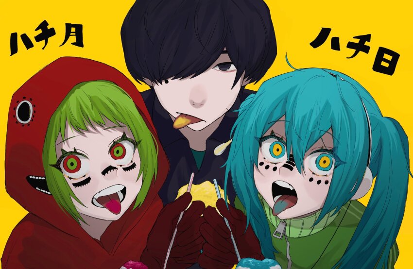 1boy 2girls :/ black_eyes black_hair black_jacket blue_eyes blue_hair blue_tongue candy closed_mouth colored_tongue expressionless facial_mark food green_eyes green_hair green_jacket gumi hair_over_one_eye hatsune_miku headphones highres holding holding_candy holding_food hood hood_up hoodie jacket kuzyaku long_hair looking_at_viewer matryoshka_(vocaloid) mole mole_under_eye multicolored_eyes multiple_girls one_eye_covered open_mouth real_life red_eyes red_hoodie red_tongue short_hair tongue tongue_out track_jacket translated twintails upper_body vocaloid yellow_background yellow_eyes yellow_tongue yonezu_kenshi_(person)