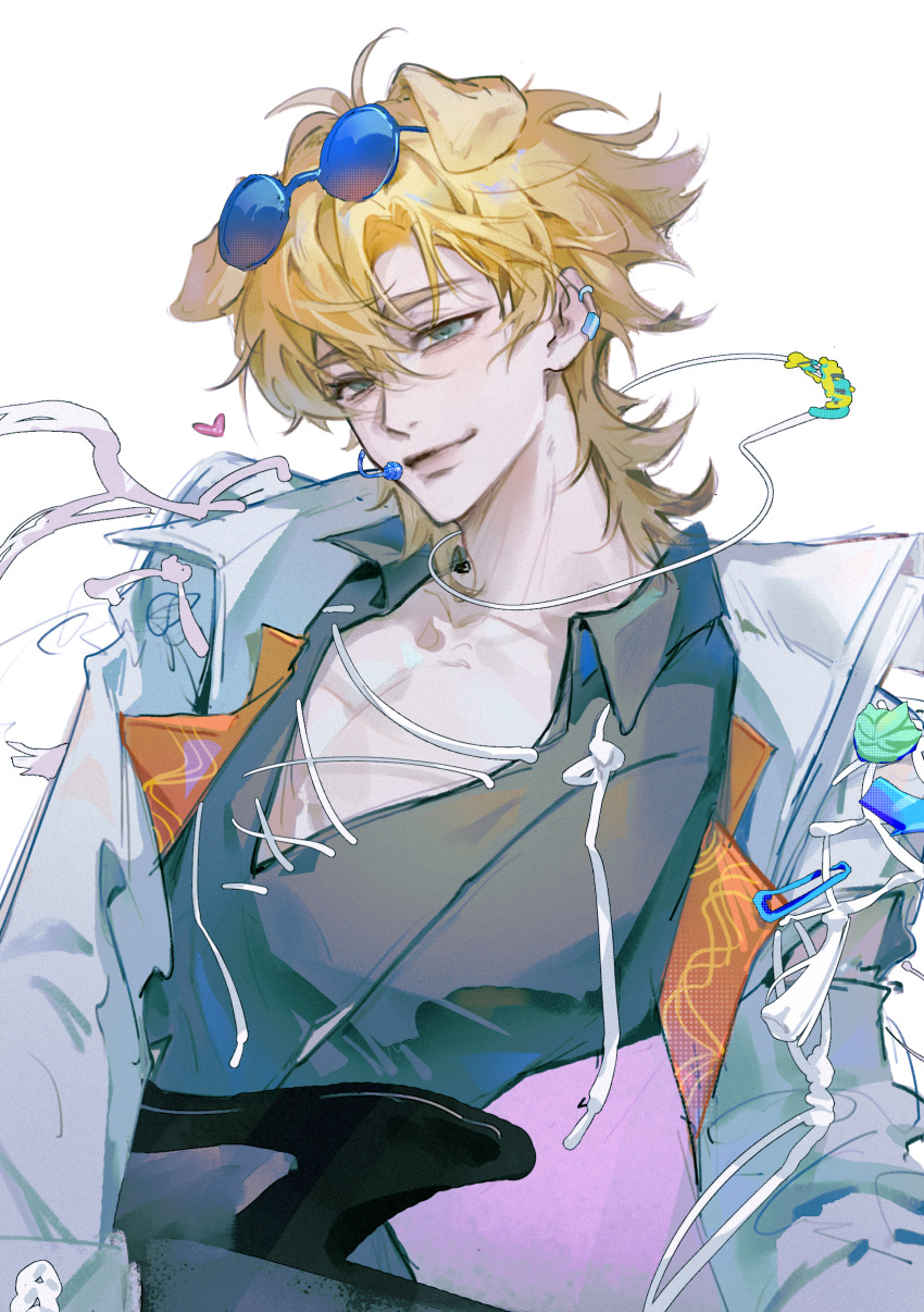 1boy absurdres accessories aegyo_sal animal_ears arknights black_shirt blonde_hair blue-tinted_eyewear blue_eyes chinese_commentary collarbone dog_boy dog_ears ear_piercing earrings eyewear_on_head hair_between_eyes headset heart highres huoxiang233 jacket jewelry light_smile male_focus official_alternate_costume open_clothes open_jacket open_shirt piercing shirt smile solo string sunglasses tequila_(arknights) tequila_(top_tier_live)_(arknights) thick_eyebrows tinted_eyewear translation_request white_background white_jacket white_string