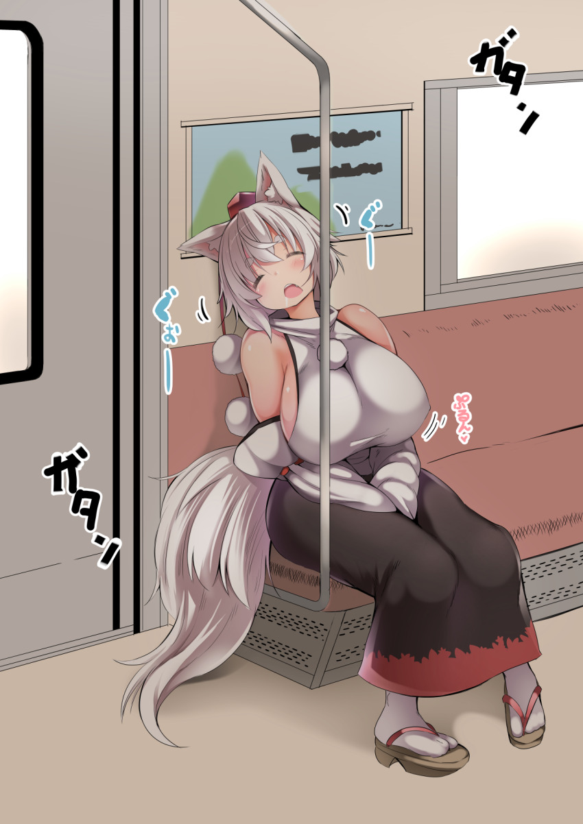 1girl ad animal_ear_fluff animal_ears arm_ribbon bench black_skirt breasts brown_sandals closed_eyes commentary_request crossed_bangs detached_sleeves drooling fang hair_between_eyes hat highres huge_breasts inubashiri_momiji knees_together_feet_apart light_blush long_skirt medium_hair open_mouth pom_pom_(clothes) red_hat red_ribbon red_trim ribbon sandals shirt shishi_juuroku sitting skirt sleeping sliding_doors socks solo tail teeth tokin_hat touhou train_interior translation_request upper_teeth_only white_hair white_shirt white_socks wide_sleeves window wolf_ears wolf_girl wolf_tail