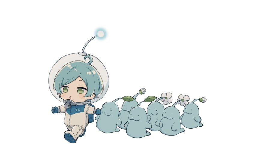 1boy :o ahoge alph_(pikmin) alph_(pikmin)_(cosplay) behind_another chibi chibi_only cosplay ensemble_stars! following green_eyes highres male_focus manatee marching nintendo no_nose parted_bangs pikmin_(series) rei_(uupaa3) shinkai_kanata simple_background spacesuit split_mouth very_wide_shot walking white_background