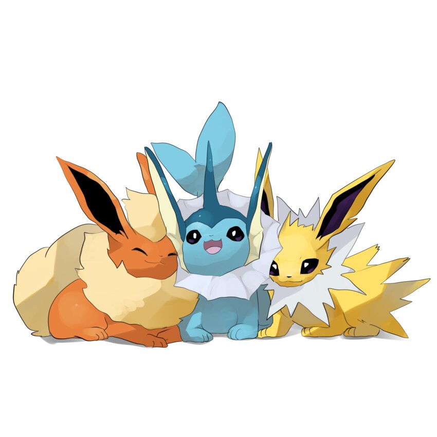 :3 :d ^_^ absurdres animal_focus closed_eyes closed_mouth fishburi flareon gen_1_pokemon highres jolteon looking_at_viewer nintendo no_humans open_mouth pokemon pokemon_(creature) simple_background smile vaporeon white_background