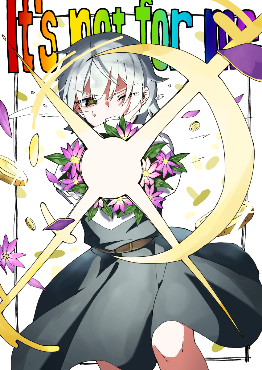 1girl absurdres ankaketomato belt black_dress border bouquet brown_belt coin crying diffraction_spikes dress english_text falling_money falling_petals feet_out_of_frame flower flying_teardrops gold_coin grey_hair highres holding holding_bouquet iyowa_girls looking_at_viewer one_eye_closed outside_border petals purple_flower sayo_(iyowa) sayonara_jackpot_(vocaloid) short_hair simple_background solo v-shaped_eyebrows white_background white_border yellow_eyes