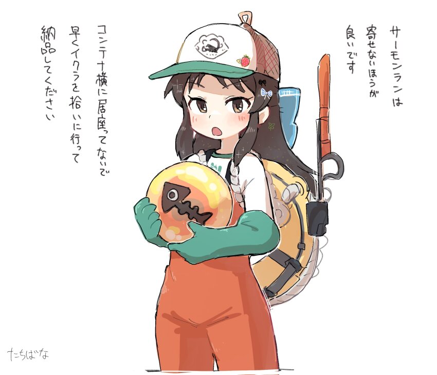 1girl absurdres baseball_cap blush bow brown_eyes brown_hair cosplay gloves golden_egg_(splatoon) hair_bow hat highres holding idolmaster idolmaster_cinderella_girls lifebuoy long_hair looking_at_viewer nendo23 nintendo open_mouth orange_overalls overalls rubber_gloves salmon_run_(splatoon) solo splatoon_(series) swim_ring tachibana_arisu white_background