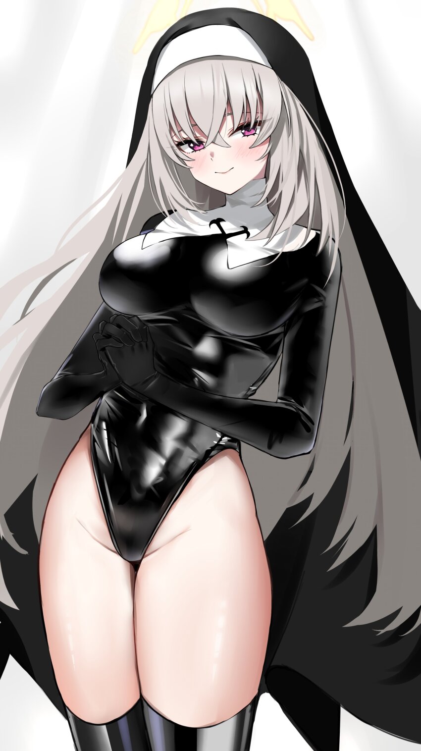 1girl absurdres black_headwear black_leotard black_thighhighs blue_archive breasts closed_mouth commentary_request covered_navel crossed_bangs grey_background grey_hair habit hair_between_eyes halo highleg highleg_leotard highres large_breasts latex latex_leotard leotard long_hair looking_at_viewer nemun_(tamizzz) nun own_hands_together purple_eyes sakurako_(blue_archive) simple_background smile solo thighhighs veil yellow_halo