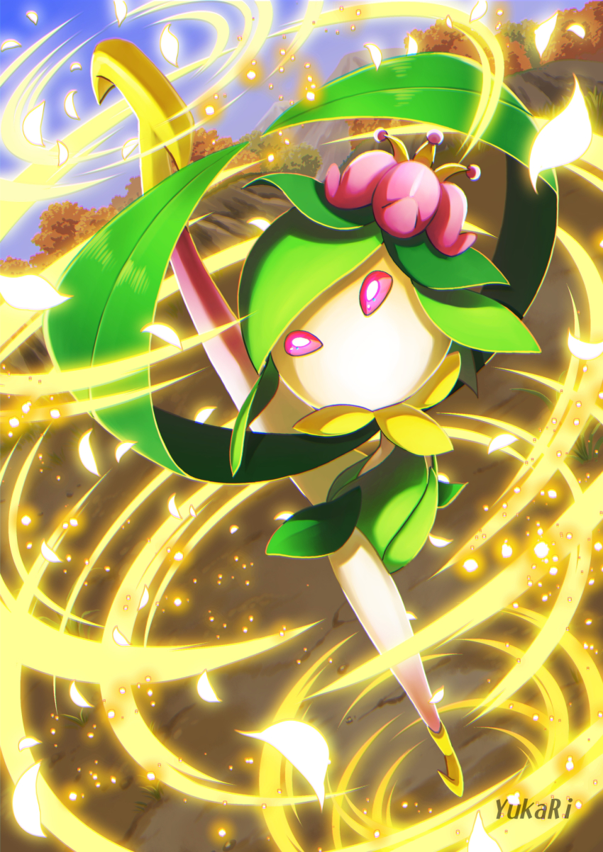 1girl arms_up artist_name blue_sky bright_pupils chromatic_aberration colored_skin day dutch_angle falling_petals female_focus flat_chest flower full_body green_hair green_leotard green_skin hair_flower hair_ornament highres hisuian_lilligant leg_up leotard looking_up monster_girl multicolored_skin nintendo no_mouth outdoors own_hands_together petals pink_eyes pink_flower plant_girl pokemon pokemon_(creature) short_hair sky solo split spread_legs standing standing_on_one_leg standing_split swept_bangs tree two-tone_skin watermark white_pupils white_skin yukari_(yukari21653710)