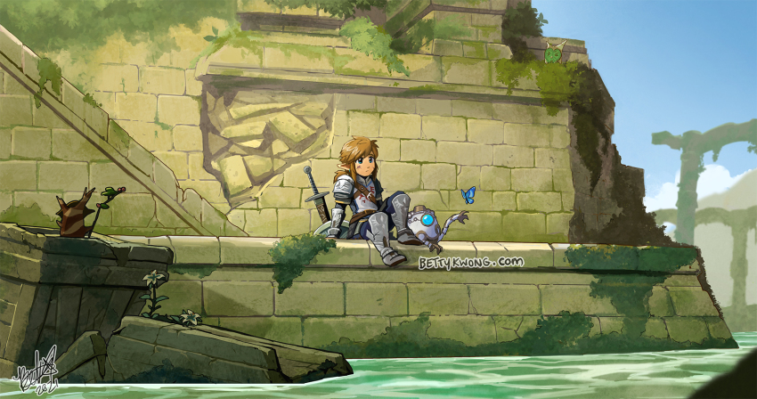 1boy 2021 2others armor bettykwong blonde_hair blue_eyes blue_sky bug butterfly cloud creature day flower full_body greaves highres hyrule_warriors:_age_of_calamity insect knee_up korok link multiple_others nintendo official_alternate_costume on_floor outdoors planted_sword planted_weapon pointy_ears ponytail robot ruins running_bond shield short_ponytail signature sitting sky soldier&#039;s_set_(zelda) stick sword terrako the_legend_of_zelda the_legend_of_zelda:_breath_of_the_wild water watermark weapon web_address