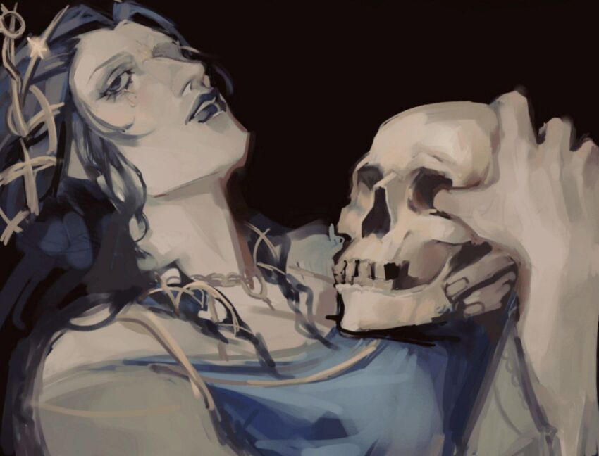 1girl a_anxiety_x ada_mesmer blue_dress braid dress gold_tears hair_ornament head_tilt holding identity_v jewelry key key_necklace long_hair looking_to_the_side lying necklace skull solo