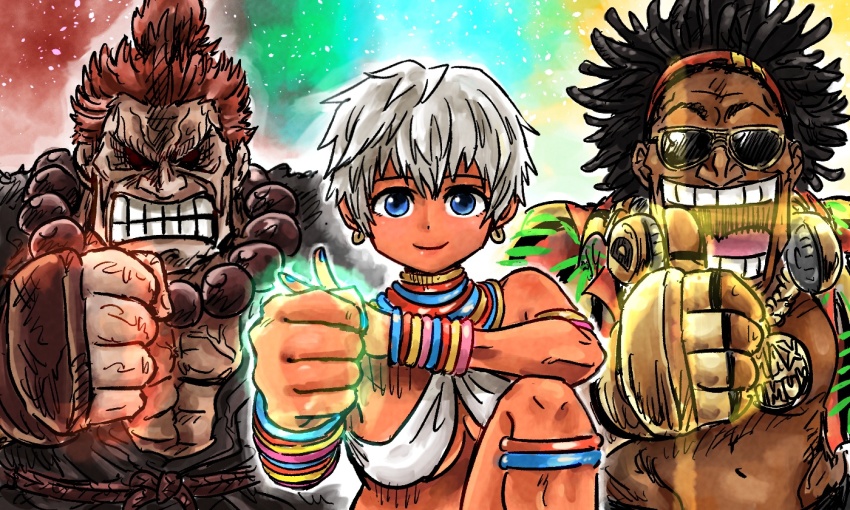 1girl 2boys abs akuma_(street_fighter) arm_guards aurora aviator_sunglasses bandana beads black_hair bling bra bracelet clenched_teeth dark-skinned_female dark-skinned_male dark_skin dee_jay elena_(street_fighter) gold headphones headphones_around_neck jacket jewelry kicdon leg_lift multicolored_jacket multiple_boys neck_ring open_clothes open_jacket prayer_beads red_bandana red_hair ring short_hair smile street_fighter street_fighter_6 sunglasses teeth topknot tribal underwear veins white_bra white_hair