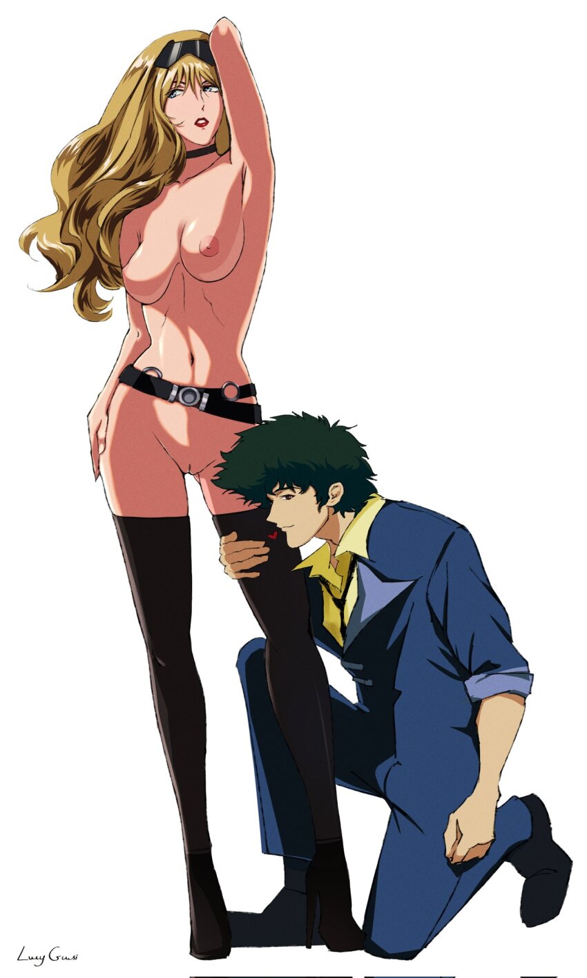 belt blonde_hair blue_eyes breasts brown_eyes cleft_of_venus couple cowboy_bebop curly_hair formal_clothes green_hair highres julia_(cowboy_bebop) lucy_guusi lucyguusi nipples pussy spike_spiegel suit thighhighs uncensored