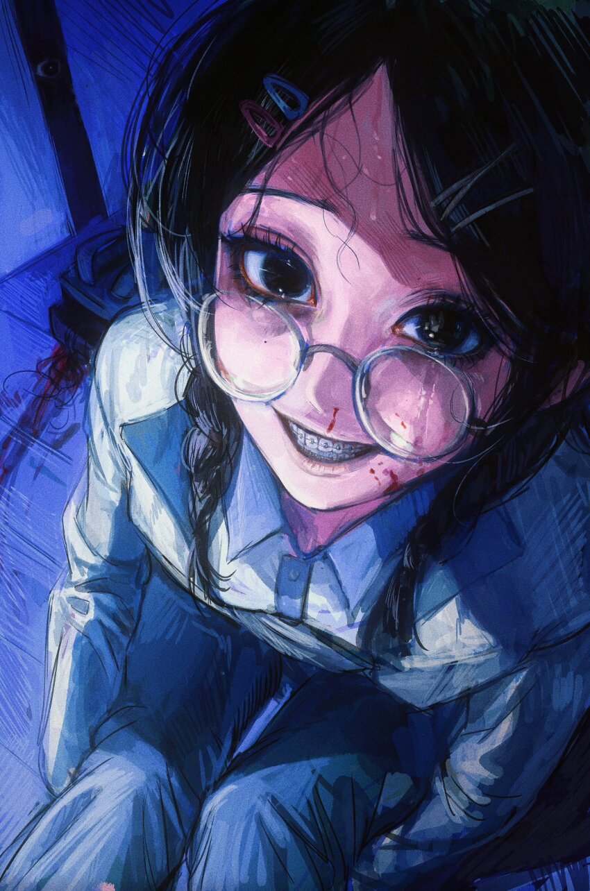 1girl black_eyes black_hair blood blood_on_face blue_background blue_pants braces braid collared_shirt commentary english_commentary eyelashes feet_out_of_frame from_above glasses grin hair_ornament hairclip highres indoors long_hair long_sleeves looking_at_viewer looking_over_eyewear nosebleed open_mouth original pants parted_bangs round_eyewear seapall shirt side_braid sitting smile solo sweatdrop teeth white_shirt