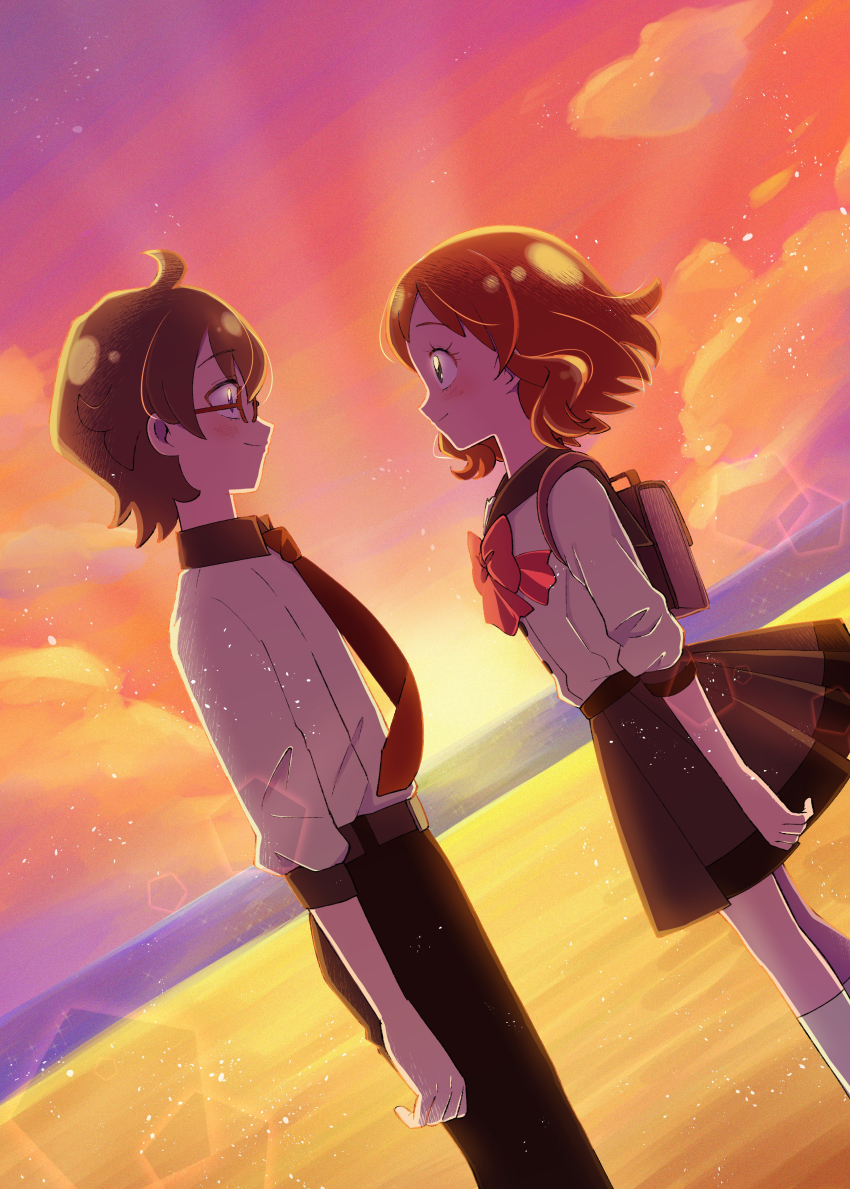 1boy 1girl absurdres bag beach belt blush bow bowtie brown_belt brown_hair brown_pants brown_sailor_collar brown_skirt buttons closed_mouth cloud cloudy_sky collared_shirt commentary couple cowlick dutch_angle feet_out_of_frame from_side glasses gradient_sky hair_between_eyes highres hinoki_(91011) horizon inukai_iroha light_particles looking_at_another necktie non-circular_lens_flare ocean orange_hair orange_sky pants pink_bow pink_bowtie pleated_skirt precure red-framed_eyewear red_necktie sailor_collar sand school_bag school_uniform second_wangan_school_uniform serafuku shirt short_hair short_hair_with_long_locks skirt sky smile socks standing sun sunset three-quarter_sleeves toyama_satoru white_shirt white_socks wonderful_precure!
