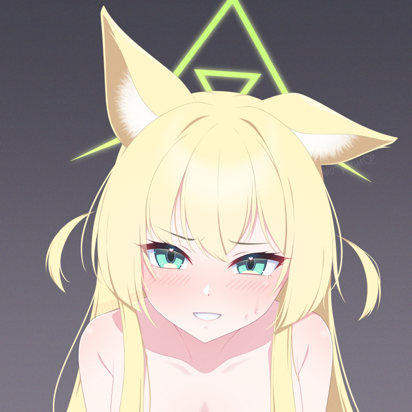 1girl :d animal_ear_fluff animal_ears bare_shoulders blonde_hair blue_archive blush collarbone commentary english_commentary eyelashes film_grain fox_ears fox_girl green_eyes green_halo grey_background grin hair_between_eyes hair_intakes halo heart heart_in_eye highres kurumi_(blue_archive) long_hair looking_at_viewer madoka_(user_zrnk8278) open_mouth portrait sidelocks simple_background smile solo straight_hair sweatdrop symbol_in_eye tsurime two_side_up v-shaped_eyebrows watermark