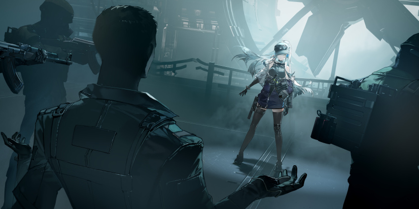 1boy 1girl 3others absurdres aiming baseball_cap black_gloves black_hat black_leotard black_thighhighs dalanxia from_behind full_body gas_mask girls&#039;_frontline girls&#039;_frontline_2:_exilium gloves grey_hair gun handgun hat highres hk416_(girls&#039;_frontline) holstered incredibly_absurdres jacket kalashnikov_rifle klukai_(girls&#039;_frontline_2) leotard leotard_under_clothes magazine_(weapon) mask multiple_others off_shoulder official_art partially_unzipped standing stun_gun surrounded_by_guns thighhighs weapon