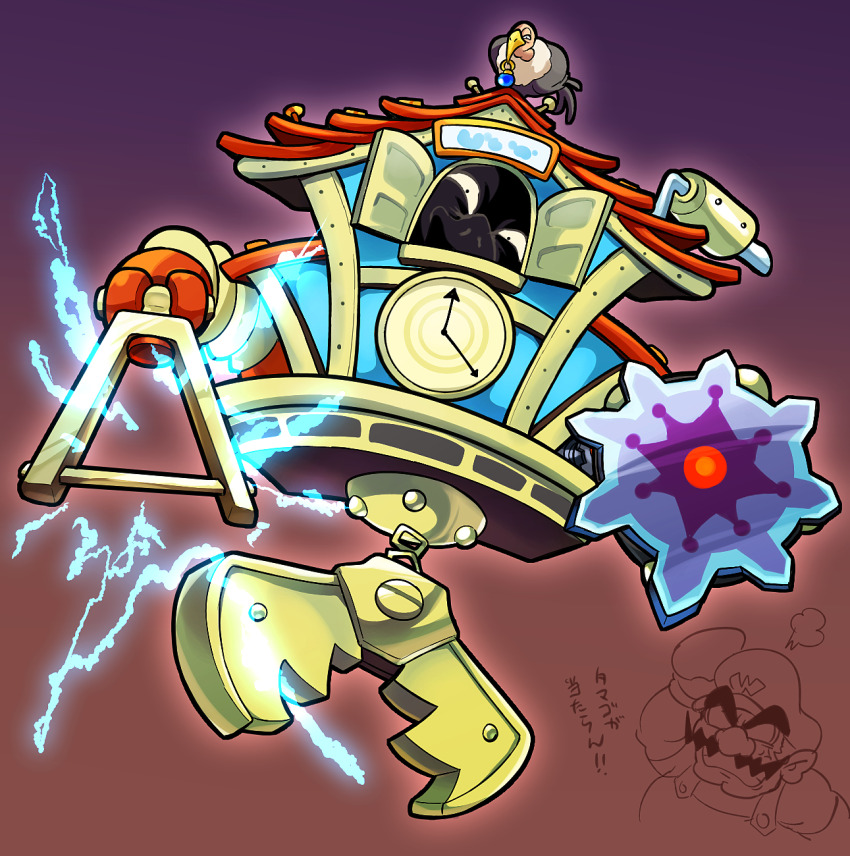 1boy beak bird clock condor crank cuckoo_condor earrings electricity eyes_in_shadow facial_hair hat highres hoshi_(star-name2000) jewelry mustache nintendo saw thick_eyebrows wario wario_land wario_land_4