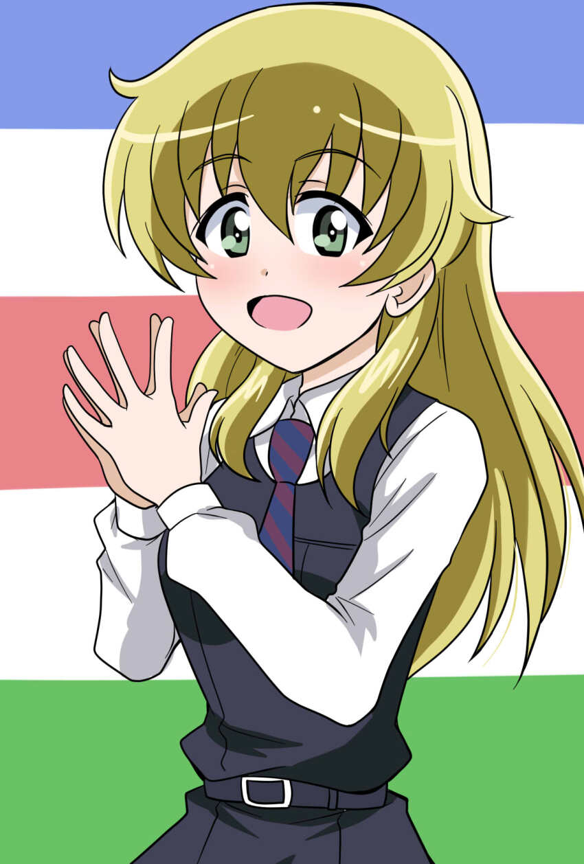 1girl alternate_costume bc_freedom_school_uniform belt black_belt black_skirt black_vest blonde_hair blush breasts carpaccio_(girls_und_panzer) collared_shirt diagonal-striped_clothes diagonal-striped_necktie flag_background french_flag girls_und_panzer green_eyes highres italian_flag long_hair looking_at_viewer necktie open_mouth own_hands_together school_uniform shirt skirt smile solo striped_clothes vest wakku_kan white_shirt