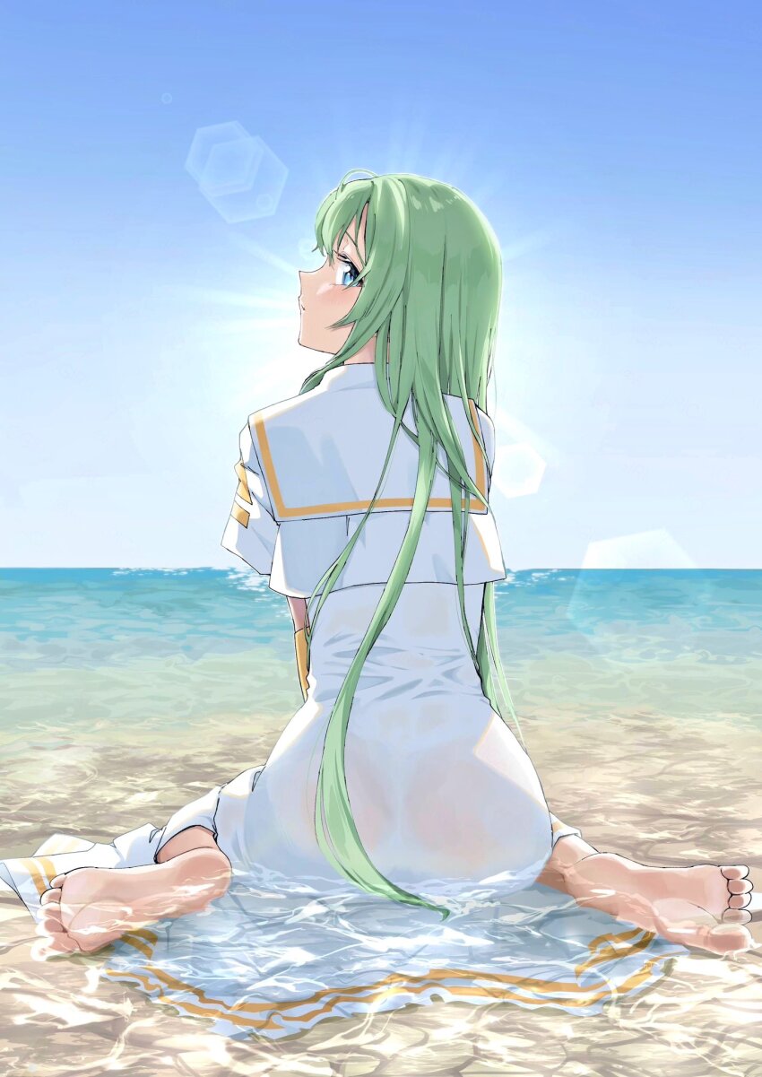 1girl alice_carroll aogirism aria_(manga) ass barefoot beach blue_eyes blue_sky day dress eyelashes feet from_behind full_body gold_trim green_hair highres lens_flare long_dress long_hair looking_at_viewer looking_back orange_planet_uniform outdoors partially_submerged sailor_collar short_sleeves sitting sky soles solo toes very_long_hair wariza water wet wet_clothes wet_dress white_dress