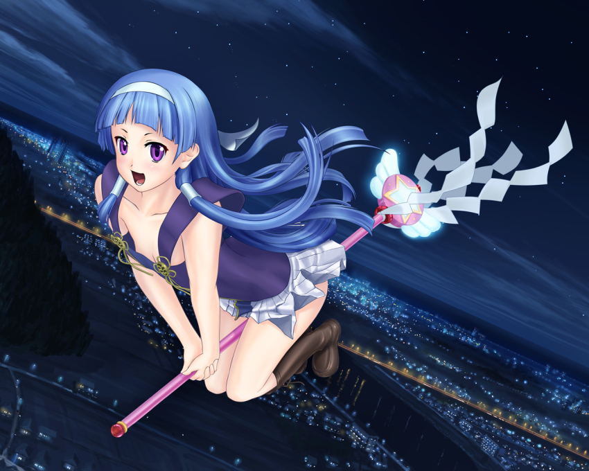 1girl blue_hair boots city female_focus flat_chest flying hair_tubes hairband kannagi long_hair nagi night night_sky no_bra open_mouth pleated_skirt purple_eyes riding shide shirakawa_mayo skirt sky smile solo star_(sky) wand white_skirt