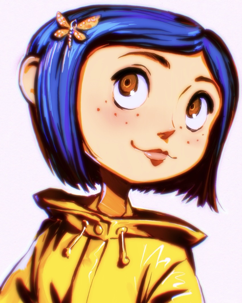 1girl blue_hair bob_cut brown_eyes child close-up closed_mouth commentary coraline coraline_jones dragonfly_hair_ornament english_commentary freckles highres ilya_kuvshinov jacket light_smile pink_lips portrait raincoat short_hair smile smirk solo turning_head upturned_eyes white_background yellow_jacket yellow_raincoat