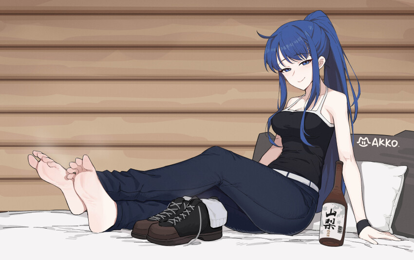 1girl absurdres alcohol barefoot blue_eyes blue_hair dark_blue_hair feet grisaia_(series) grisaia_no_kajitsu highres kusakabe_asako lan_mao_akko licking_lips light_blush long_hair looking_at_viewer ponytail sake shoes socks soles steam toes tongue tongue_out unworn_shoes unworn_socks