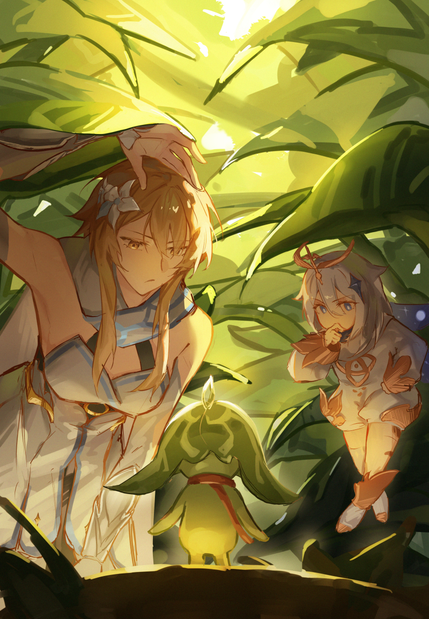 1other 2girls absurdres aranara_(genshin_impact) blonde_hair blue_eyes dress flower genshin_impact haaahoi hair_flower hair_ornament halo highres leaf lumine_(genshin_impact) multiple_girls paimon_(genshin_impact) romper scarf shade short_hair_with_long_locks sleeveless sleeveless_dress sunlight white_dress white_flower white_hair white_romper white_scarf