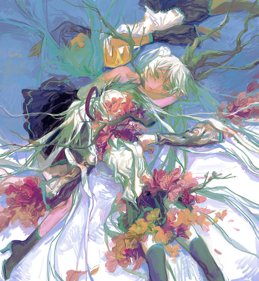 3girls abstract aqua_eyes aqua_hair athgil black_skirt black_sleeves body_horror clone crown detached_sleeves flower hatsune_miku horror_(theme) multiple_girls muted_color necktie orange_flower plant plant_growth pleated_skirt red_flower red_petals shirt skirt surreal twintails vines vocaloid white_hair white_shirt