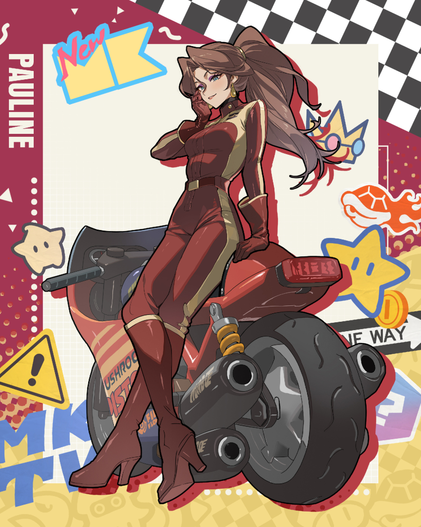 1girl ? biker_clothes bikesuit blue_eyes bodysuit boots bow breasts brown_hair character_name coin crossed_ankles curtained_hair daniel_deng drop_shadow earrings eyelashes full_body gloves gold_coin gold_earrings hair_tie halftone hand_on_own_cheek hand_on_own_face happy high_heel_boots high_heels highres jewelry knee_boots leaning long_hair long_sleeves looking_ahead luma_(mario) mario_(series) mario_kart mario_kart_world medium_breasts motor_vehicle motorcycle nintendo official_alternate_costume parted_lips pauline_(aero)_(mario) pauline_(mario) pointy_nose ponytail red_bodysuit red_boots red_bow red_gloves smile solo sphere_earrings standing star_(symbol) tight_clothes turtleneck turtleneck_bodysuit two-tone_background yellow_background