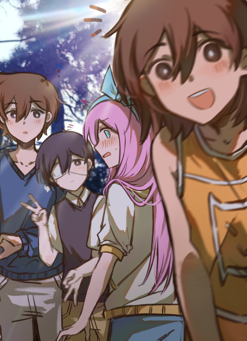 1girl 3boys :d ? absurdres antenna_hair aubrey_(faraway)_(omori) aubrey_(omori) bailan1130 bare_arms bare_shoulders black_eyes black_hair black_sweater_vest blue_eyes blue_hairband blue_sweater blurry blurry_foreground blush bow_hairband bright_pupils brothers brown_eyes brown_hair closed_mouth collarbone collared_shirt cowboy_shot day double-parted_bangs double_v grey_pants hair_behind_ear hair_between_eyes hairband hero_(faraway)_(omori) hero_(omori) highres kel_(faraway)_(omori) kel_(omori) long_hair long_sleeves looking_at_viewer looking_back multiple_boys no_sclera notice_lines omori open_mouth orange_tank_top outdoors pants photo_background pink_hair profile puffy_long_sleeves puffy_sleeves shirt short_hair short_sleeves siblings smile spoilers standing sunny_(omori) sweatdrop sweater sweater_vest tank_top teeth tree upper_body upper_teeth_only v v-neck white_pupils white_shirt white_trim