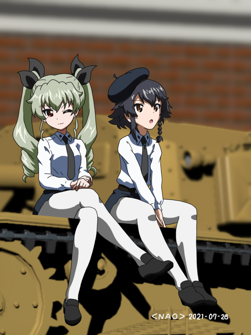 2girls 3d 3d_background :o ;) anchovy_(girls_und_panzer) anzio_school_uniform artist_name belt beret black_belt black_footwear black_hair black_headwear black_neckwear black_ribbon black_skirt blurry blurry_background braid brown_eyes closed_mouth commentary_request dated depth_of_field dress_shirt drill_hair girls_und_panzer green_hair hair_ribbon hat highres loafers long_hair long_sleeves looking_at_viewer looking_to_the_side military military_vehicle miniskirt mixed_media motor_vehicle multiple_girls naotosi necktie on_vehicle one_eye_closed open_mouth pantyhose pepperoni_(girls_und_panzer) pleated_skirt ribbon school_uniform semovente_75/18 shirt shoes short_hair side_braid sitting skirt smile tank tilted_headwear twin_drills twintails v_arms white_legwear white_shirt wing_collar