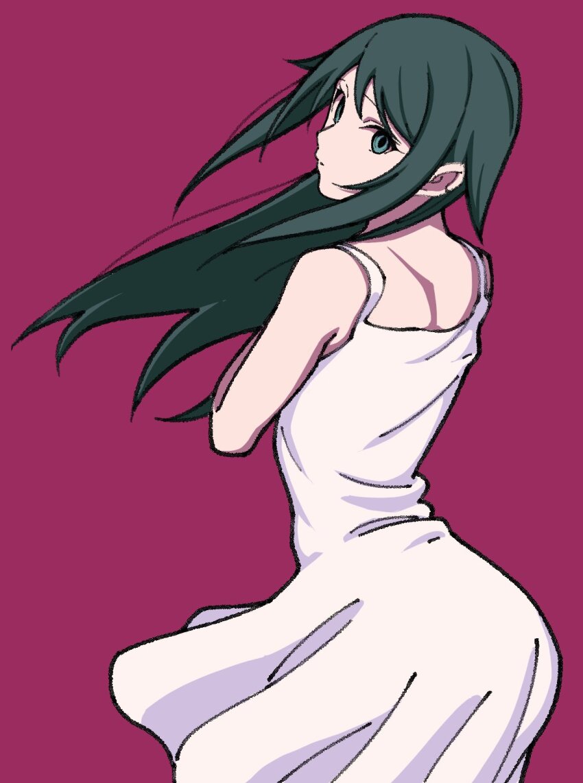 1girl bare_shoulders dress from_behind green_eyes green_hair hair_flaps highres kashiwa_(iersansi) long_hair looking_at_viewer looking_back parted_lips red_background saya_(saya_no_uta) saya_no_uta simple_background sleeveless sleeveless_dress solo sundress white_dress
