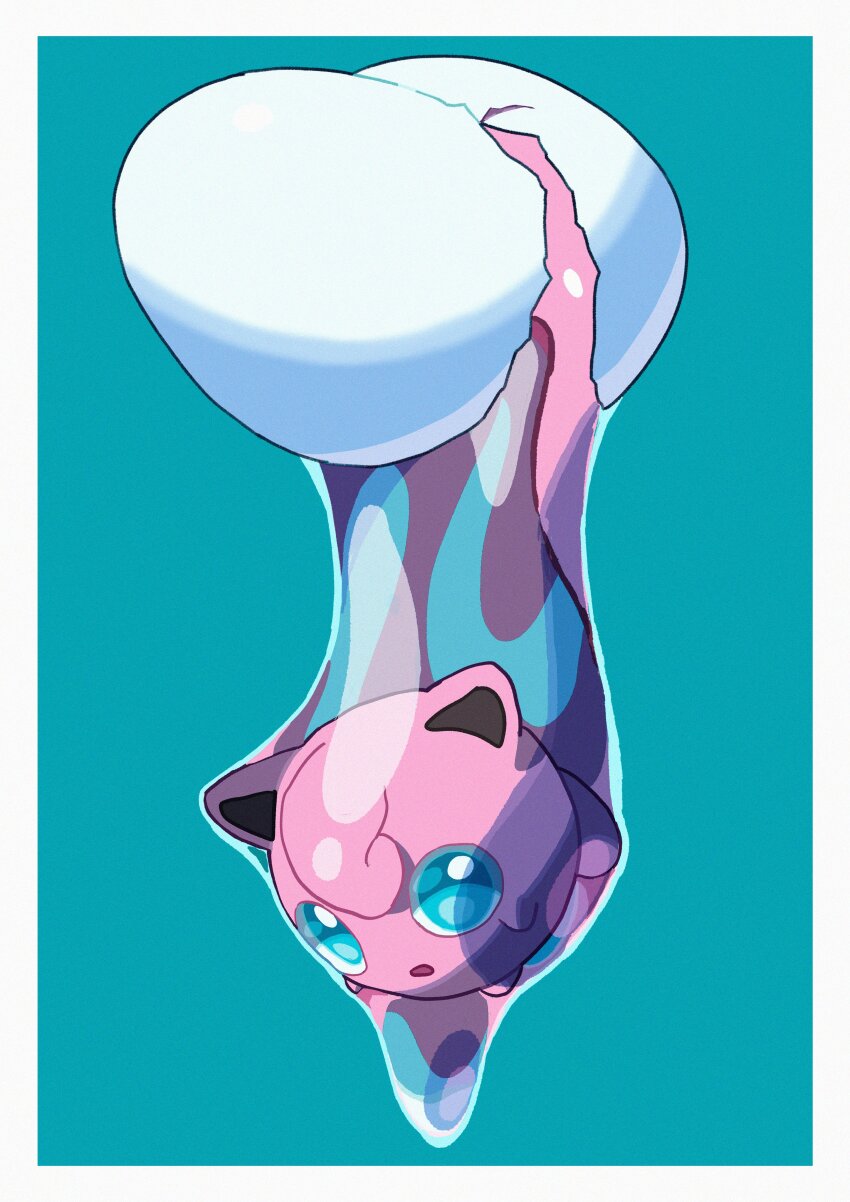 absurdres blue_background blue_eyes border cracked_egg egg gen_1_pokemon highres jigglypuff nintendo no_humans open_mouth pokemon pokemon_(creature) pokemon_focus saiku_(zvlku) white_border