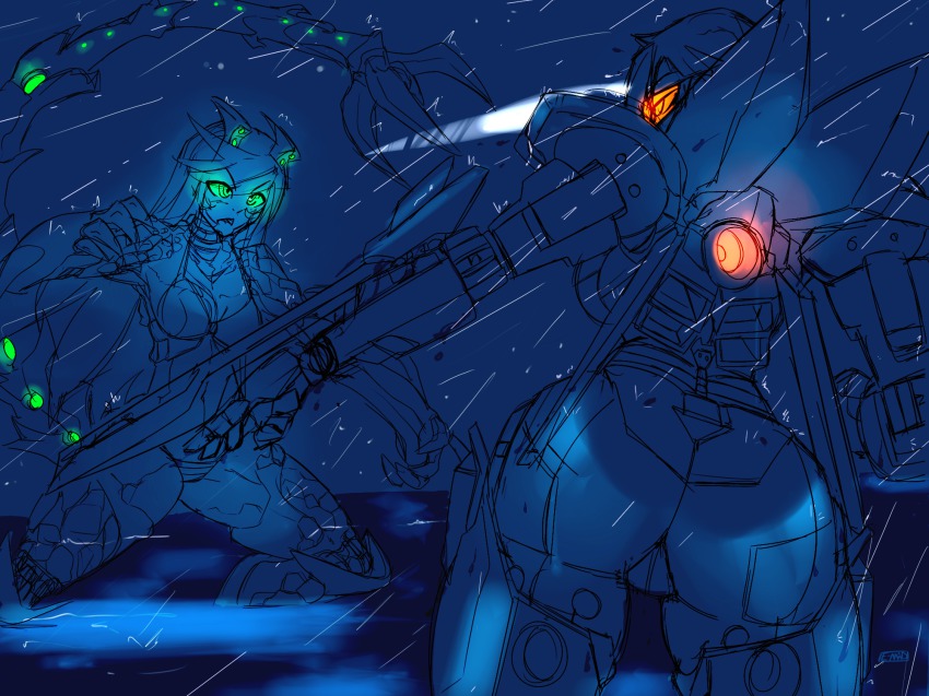 2girls 4.211_brass_knuckles arm_blade armor ass assault_mount_3.25_sting-blades bikini bikini_armor bioluminescence brass_knuckles cameltoe glowing glowing_eyes green_eyes highres jaeger_(pacific_rim) legendary_pictures leotard mecha_musume monster_girl multiple_girls neon_trim otachi pacific_rim pan_pacific_defense_corps personification pincers rakihiro striker_eureka swimsuit tail thrusters weapon wrist_blades