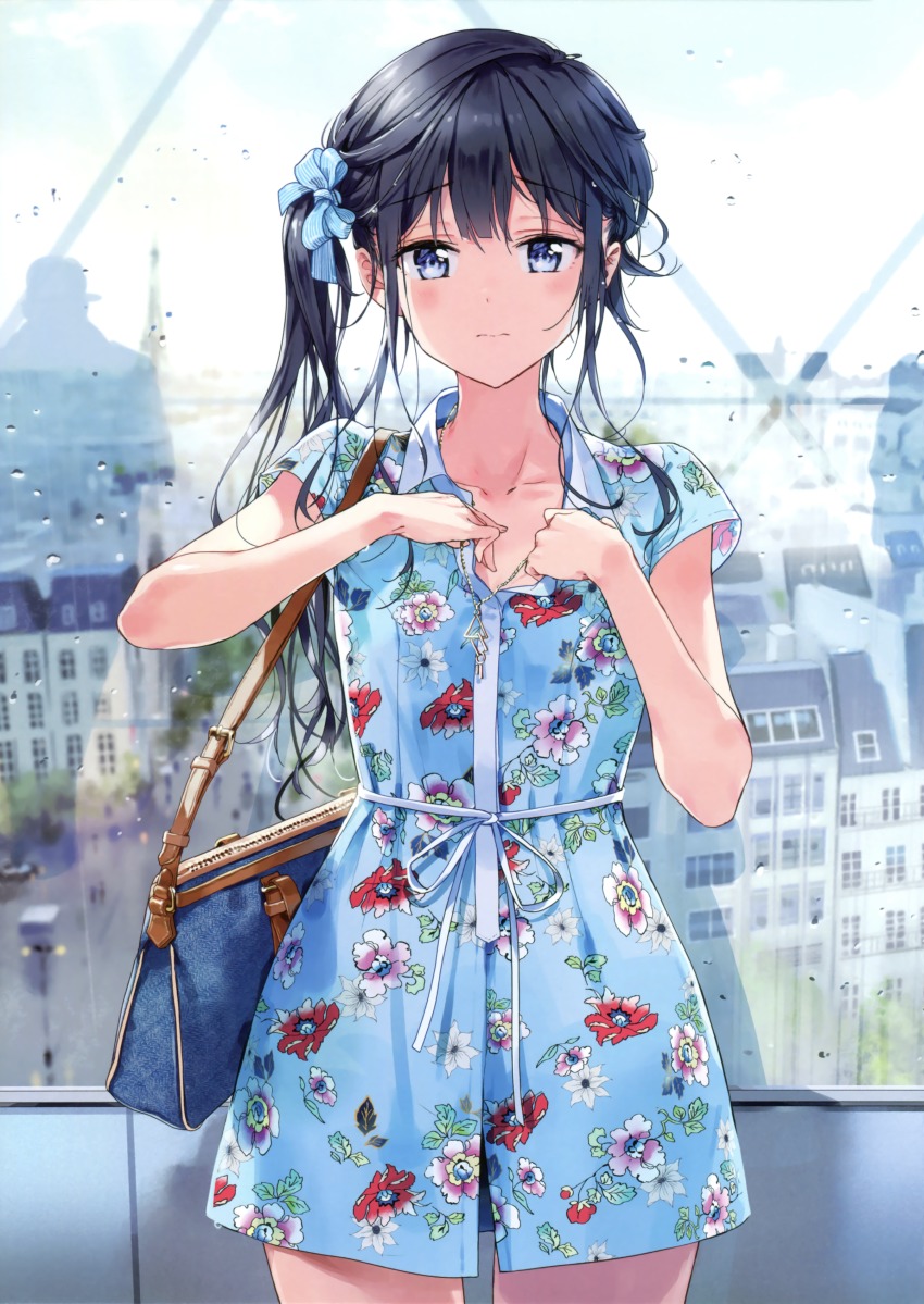 1girl absurdres adagaki_aki bag black_hair blue_eyes blush bottle bow building closed_mouth collarbone cowboy_shot dress fang floral_print highres jewelry long_hair looking_at_viewer masamune-kun_no_revenge necklace reflection sash scan side_ponytail skirt standing striped_bow tiv water_bottle