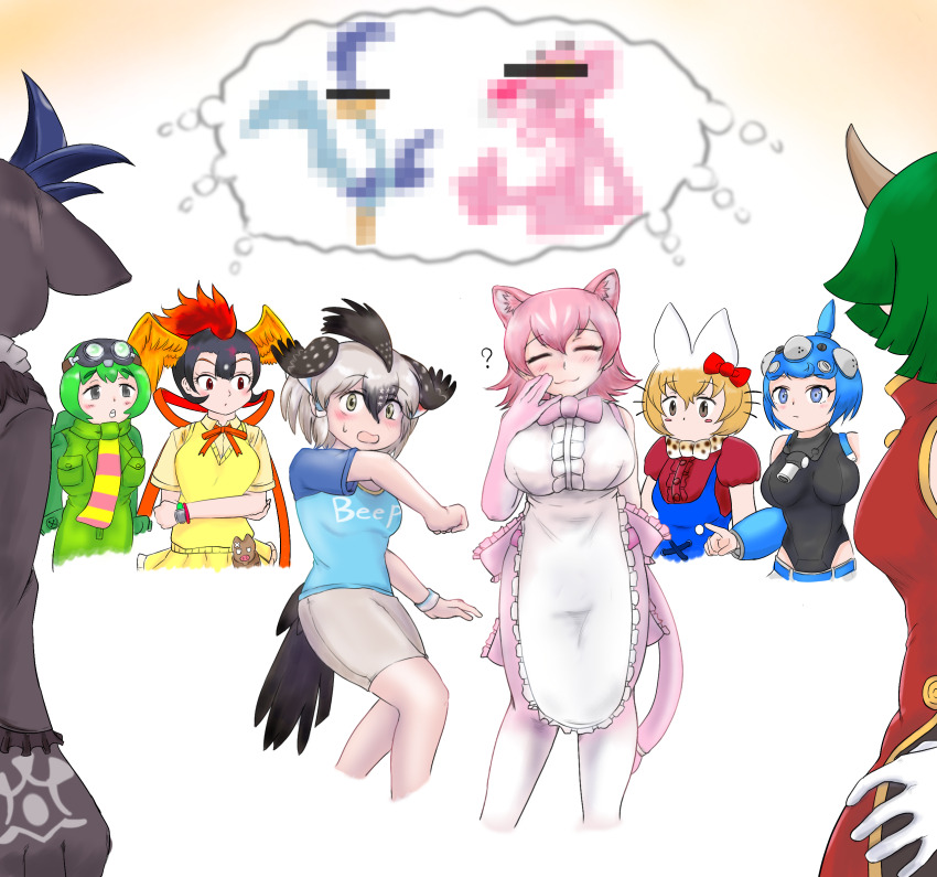 6+girls ? absurdres alternate_form animal_ears animal_hands apron bike_shorts bird_wings black_hair black_sclera blonde_hair blue_hair bow bowtie brown_hair censored center_frills china_dress chinese_clothes closed_eyes closed_mouth clothes_writing colored_inner_hair colored_sclera commentary_request cropped_legs crossed_arms crossover debidebi_debiru debiru-sama draco_centauros dress elbow_gloves frills gachapin ghost_in_the_shell gloves goggles goggles_on_head greater_roadrunner_(kemono_friends) green_hair grey_hair hair_between_eyes hair_ornament head_wings hello_kitty hi_no_tori hi_no_tori_(kemono_friends) highres hirake!_ponkikki horns imagining kemono_friends kemono_friends_3 leotard looking_at_another looney_tunes medium_hair mosaic_censoring multicolored_hair multiple_crossover multiple_girls nijisanji overalls panther_ears panther_girl panther_tail peach_panther_(kemono_friends) pink_hair puyopuyo red_hair road_runner_(looney_tunes) saja_(166j357) sanrio scarf serval_(kemono_friends) shared_thought_bubble shirt short_hair short_sleeves smile speech_bubble standing sweater_vest t-shirt tachikoma_type-s_(kemono_friends) tail the_pink_panther the_pink_panther_(character) thought_bubble virtual_youtuber white_hair wings
