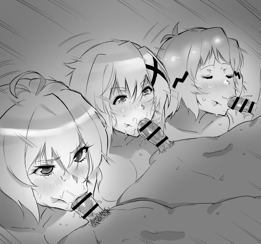 3girls breasts fellatio huge_breasts large_breasts long_hair monochrome multiple_girls negresco oral penis senki_zesshou_symphogear