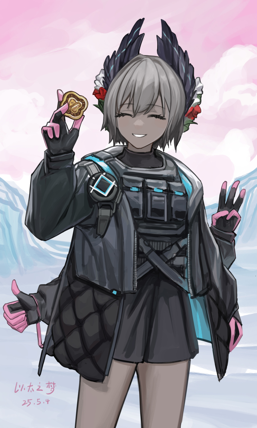 1girl :d ^_^ absurdres arknights arm_up black_gloves black_jacket black_shorts chinese_commentary closed_eyes commentary commentary_request cowboy_shot dark-skinned_female dark_skin dated english_commentary extra_arms facing_viewer gloves grey_hair grin highres holding jacket long_sleeves making-of_available mixed-language_commentary open_clothes open_jacket open_mouth pink_gloves raidian_(arknights) short_hair shorts smile solo standing thumbs_up yitai_zhi_meng