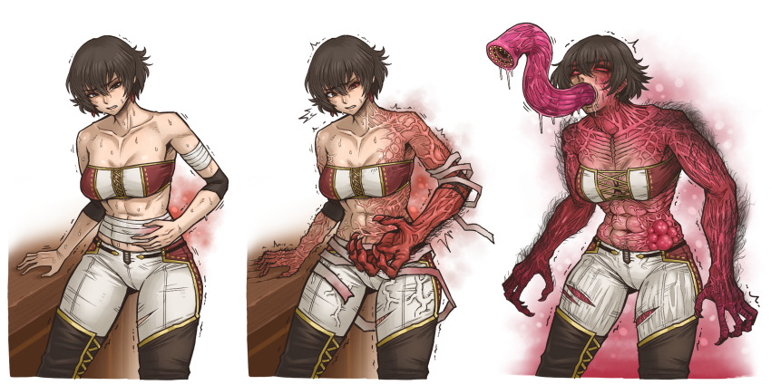1girl abs body_hair body_horror breasts brown_hair claws cleavage colored_sclera colored_skin corruption earrings eldritch_abomination extra_mouth fiorayne_(monster_hunter) hair_between_eyes highres jewelry looking_at_viewer midriff_sarashi monster monster_hunter_(series) monster_hunter_rise nested_mouths pants red_sclera red_skin sarashi sharp_teeth short_hair simple_background solo strapless teeth tobatoinu transformation tube_top white_background