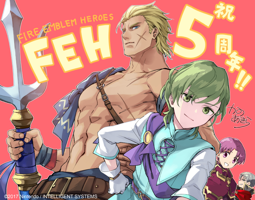 4boys abs aged_down blonde_hair closed_mouth company_name fire_emblem fire_emblem_heroes green_eyes green_hair grey_hair hand_on_own_hip holding holding_polearm holding_weapon innes_(fire_emblem) innes_(frelian_moonlight)_(fire_emblem) kempf_(fire_emblem) klein_(fire_emblem) looking_at_viewer mekameka_shii multiple_boys muscular muscular_male nintendo ogma_(fire_emblem) ogma_(summer)_(fire_emblem) open_mouth pectorals pink_hair polearm red_background scar scar_on_chest scar_on_face sedgar_(fire_emblem) simple_background upper_body weapon