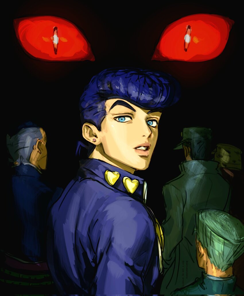 black_hair blue_eyes diamond_wa_kudakenai earrings hat heart higashikata_josuke highres hirose_koichi jewelry jojo_no_kimyou_na_bouken joseph_joestar joseph_joestar_(old) killer_queen kuujou_joutarou lips male_focus multiple_boys nijimura_okuyasu pompadour santamanymany solo_focus