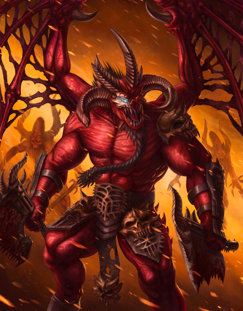 3boys absurdres armor axe battle_axe beard bloodthirster bmurphy braid braided_beard broken_horns chaos_(warhammer) colored_skin commentary damaged demon_horns demon_wings dual_wielding english_commentary exposed_bone facial_hair glowing glowing_eyes hell heresy highres holding holding_axe horns long_horns mismatched_pupils multiple_boys open_mouth ornate_armor pauldrons pelvic_curtain red_eyes red_skin sharp_teeth shoulder_armor single_pauldron skarbrand skull_ornament teeth tongue tongue_out topless_male torn_wings total_war total_war:_warhammer total_war:_warhammer_3 warhammer_40k warhammer_fantasy weapon wings