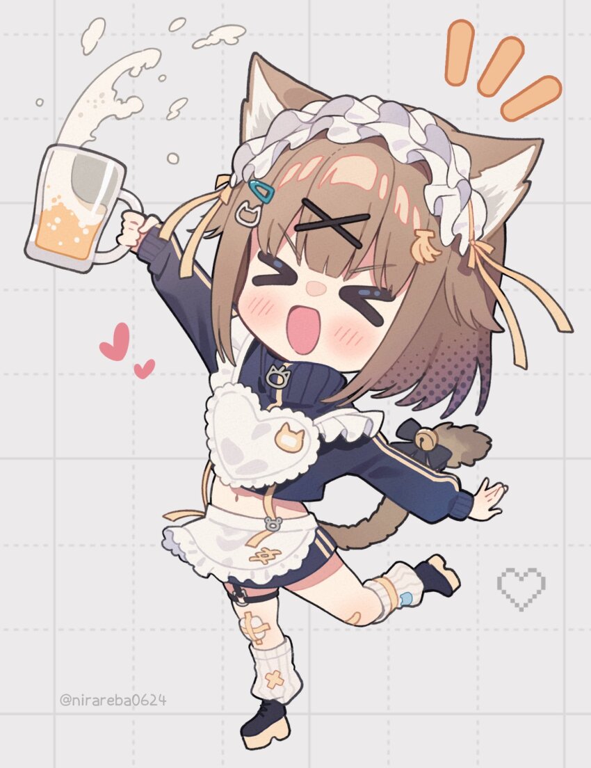 &gt;_&lt; 1girl :d alcohol animal_ear_fluff animal_ears apron arm_up beer beer_mug bell black_bow black_jacket black_shoes black_skirt blush bow brown_hair cat_ears cat_girl cat_hair_ornament cat_tail closed_eyes commentary_request crop_top cup dotted_line facing_viewer foam frilled_apron frills grey_background grid_background hair_ornament hairclip heart heart_apron highres holding holding_cup jacket jersey_maid jingle_bell konan_mia long_sleeves loose_socks maid midriff mug nanashi_inc. navel nirareba notice_lines open_mouth pixelated platform_shoes puffy_long_sleeves puffy_sleeves ribbed_socks shoes skirt smile socks solo standing standing_on_one_leg tail tail_bell tail_bow tail_ornament track_jacket twitter_username unconventional_maid virtual_youtuber white_apron white_socks x_hair_ornament xd