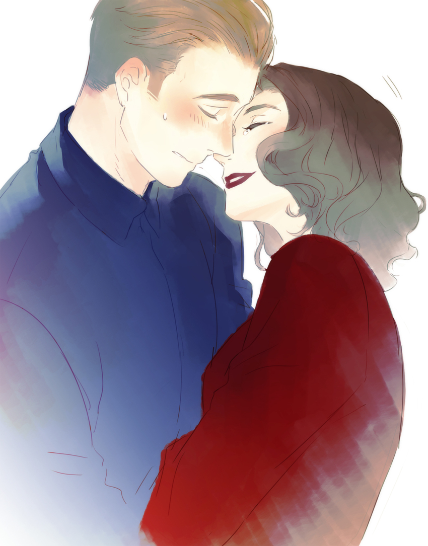 1boy 1girl ambulance00 avengers:_endgame avengers_(series) blonde_hair blue_shirt blush brown_hair closed_eyes collared_shirt commentary_request couple dress hetero highres korean_commentary long_sleeves marvel marvel_cinematic_universe nervous peggy_carter red_dress red_lips shirt short_hair shy simple_background smile steve_rogers sweatdrop teeth upper_body white_background