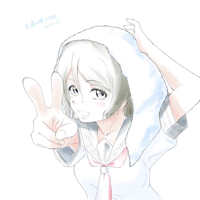 1girl blue_eyes grey_hair highres love_live! love_live!_sunshine!! necktie peace red_necktie school_uniform serafuku short_hair solo uranohoshi_school_uniform v watanabe_you